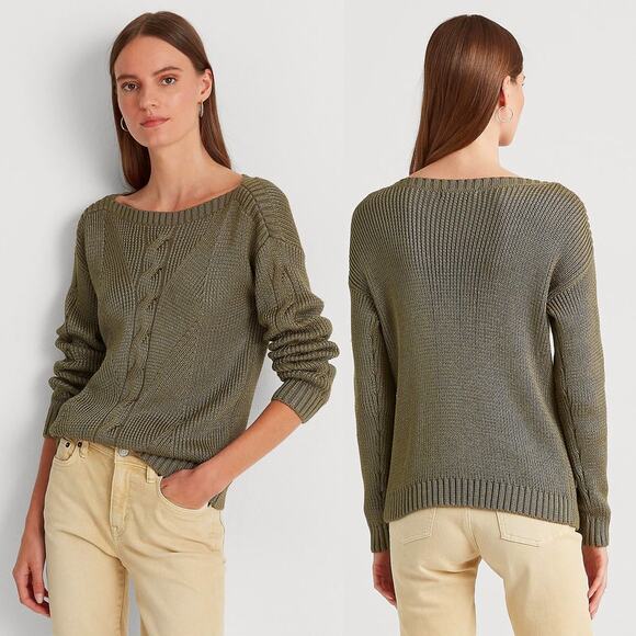 Lauren Ralph Lauren Cable-Knit Cotton-Blend Sweater in Olive Fern Size S - Picture 1 of 6